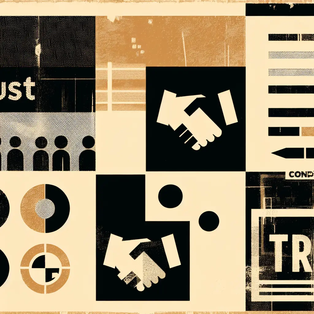 Vintage screenprint style editorial illustration featuring the word TRUST with handshake silhouettes and community symbols, representing trust-first marketing concepts in black, white, and tan colors