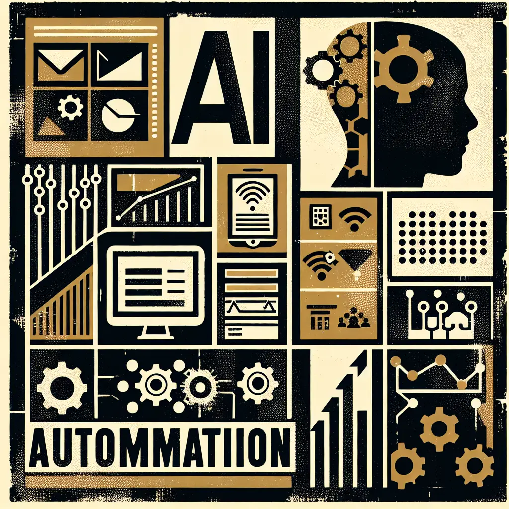 Vintage screenprint style editorial collage illustration featuring AI marketing automation concepts with geometric panels, computer screens, data charts, and the word AUTOMATION in bold typography