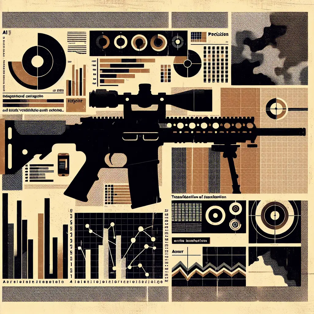 Vintage screenprint-style editorial collage showing AI marketing transformation for firearms industry with targeting crosshairs, data charts, and circuit patterns in black, tan, and off-white