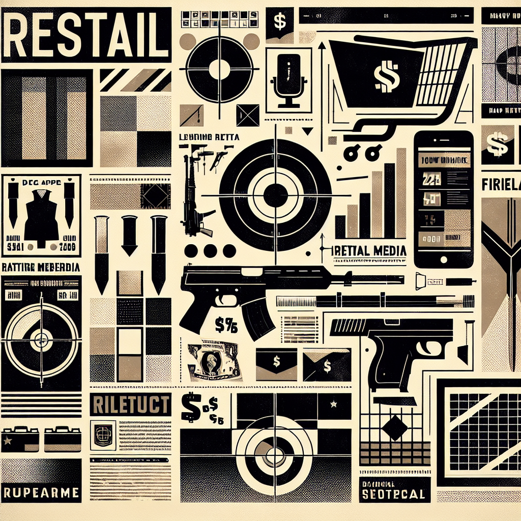 Vintage screenprint-style editorial collage illustration featuring retail media and firearms marketing concepts with geometric panels, halftone dots, and the word 'RETAIL' in bold typography