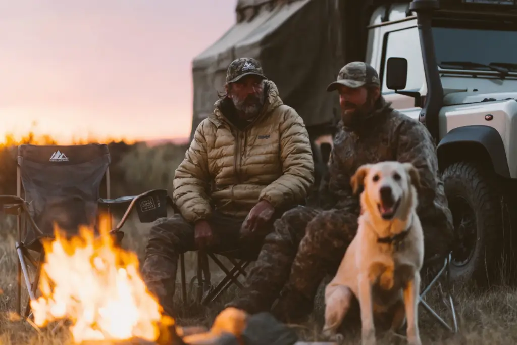 Two hunters with a dog around a fire with an off-road over landing vehicle in the background.